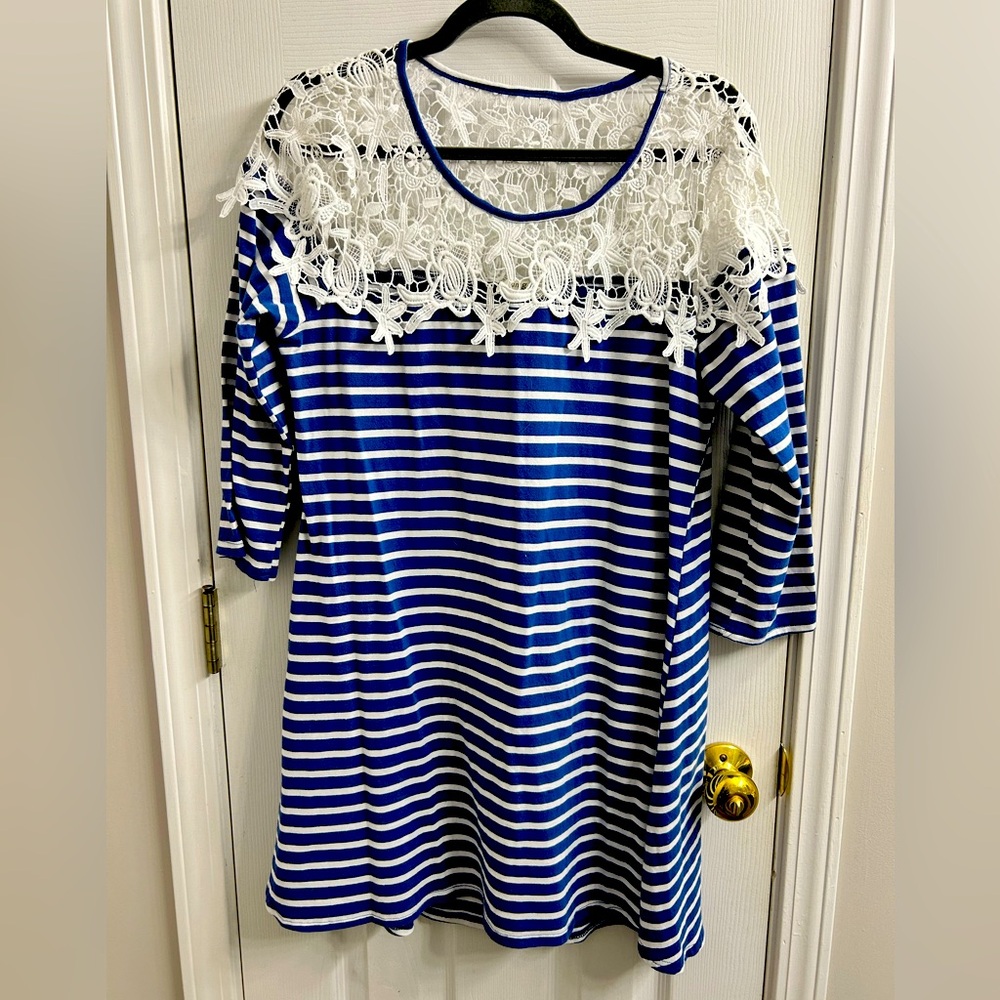 Blue and White Striped Dress with Lace Detail